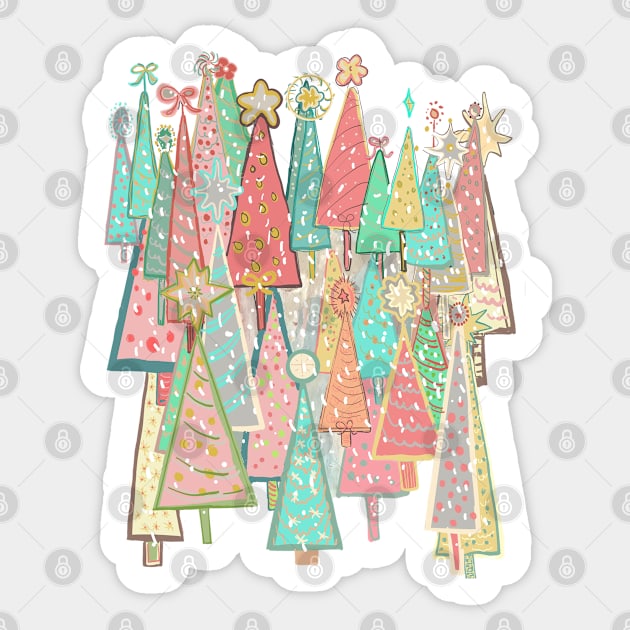 Vintage midcentury pink aqua Christmas trees snowy holiday. Sticker by Peaceful Pigments